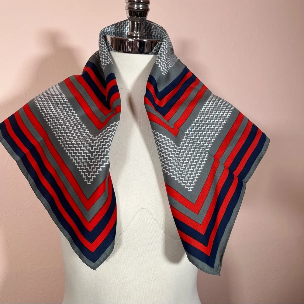 Vintage 1970 Mod Red Grey Art deco Geometric Striped Nautical  Square Scarf